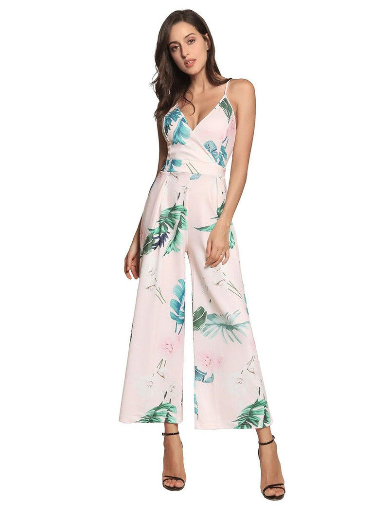 Jumpsuit Imprimé Floral Col en V Ample à Bretelles en Rayures à Dos Nu