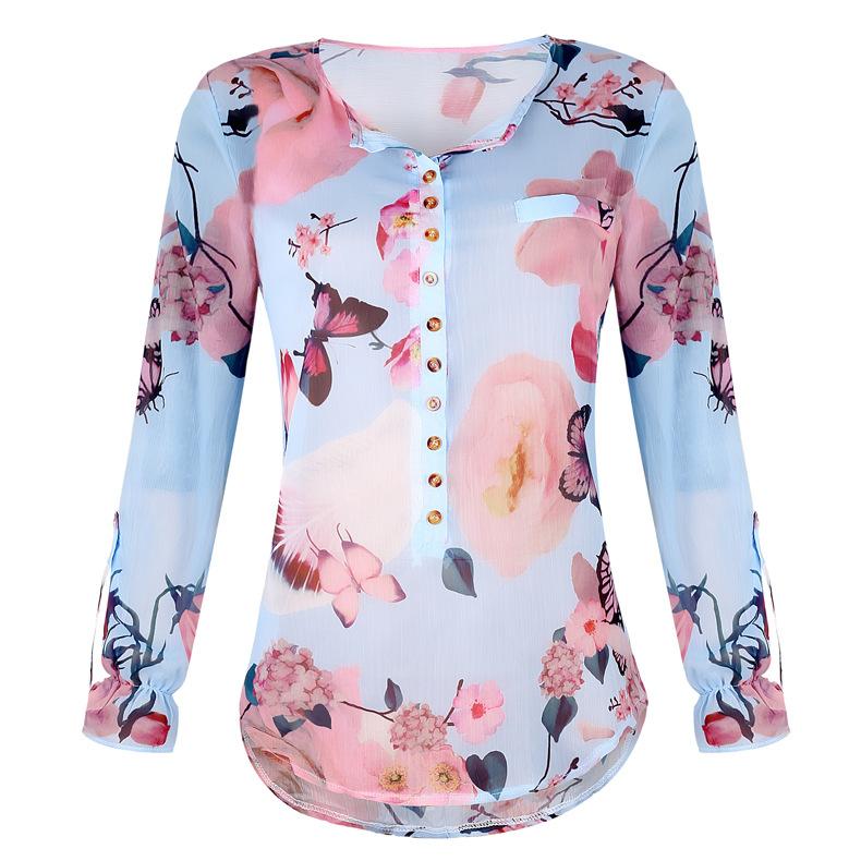 Blouse Floral Col Boutonné en V avec Manches Longues - CA Mode