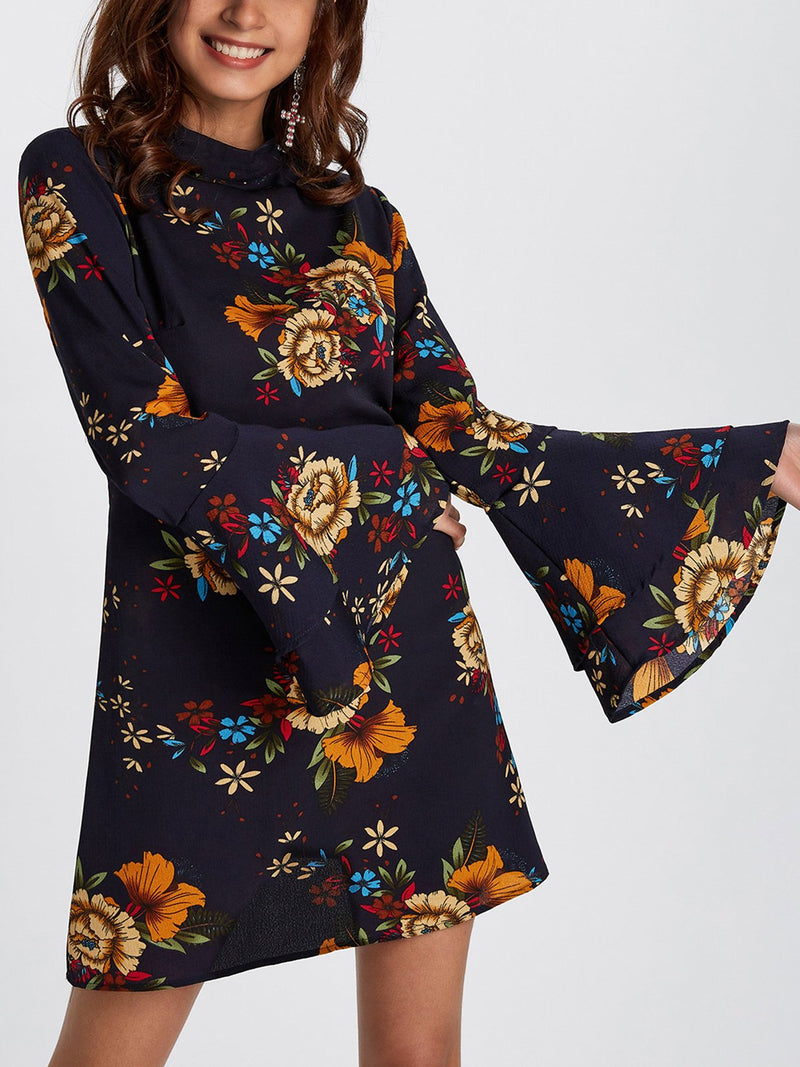 Random Floral Print Perkins Collar Flared Sleeves Mini Dress