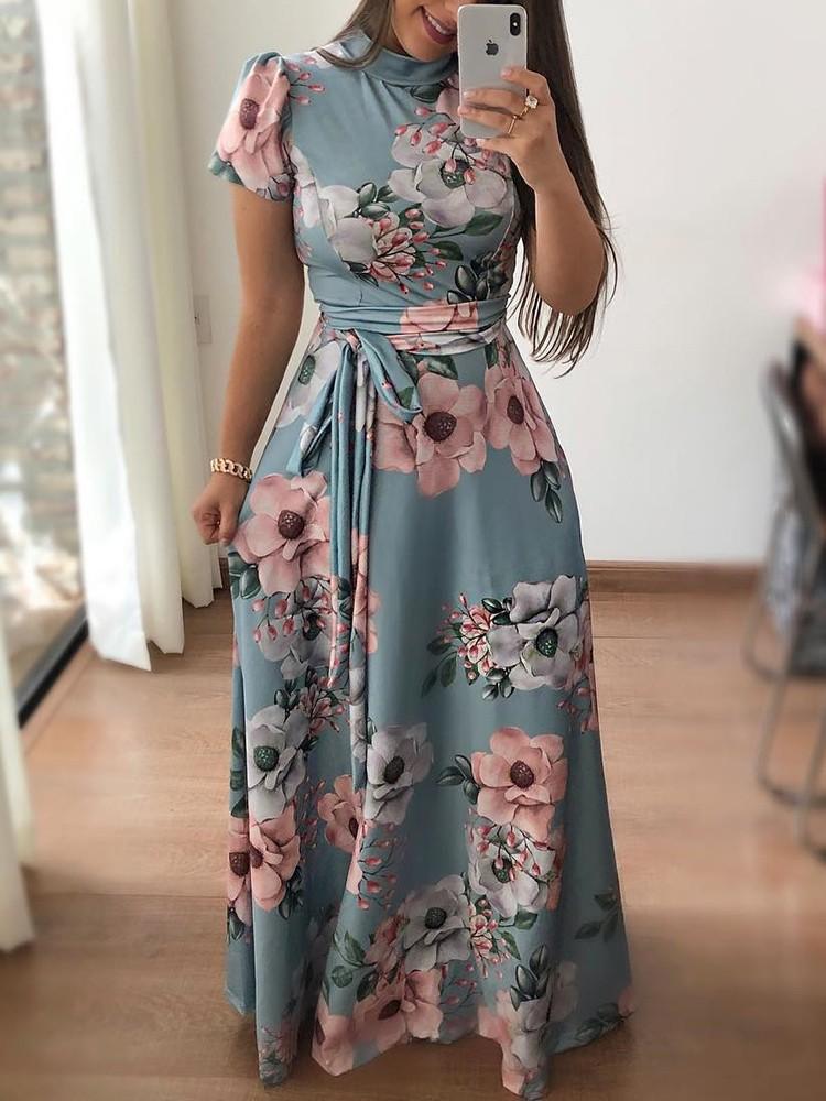 Robe Maxi à Col Rond et Manches Courtes Imprimé Floral avec Ceinture