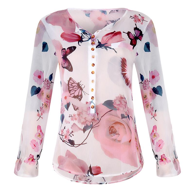 Blouse Floral Col Boutonné en V avec Manches Longues - CA Mode