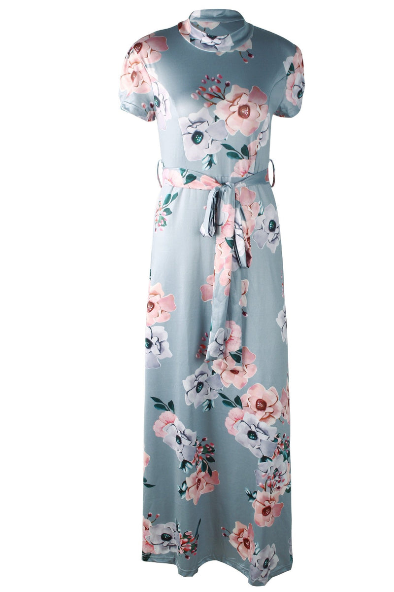 Robe Maxi à Col Rond et Manches Courtes Imprimé Floral avec Ceinture