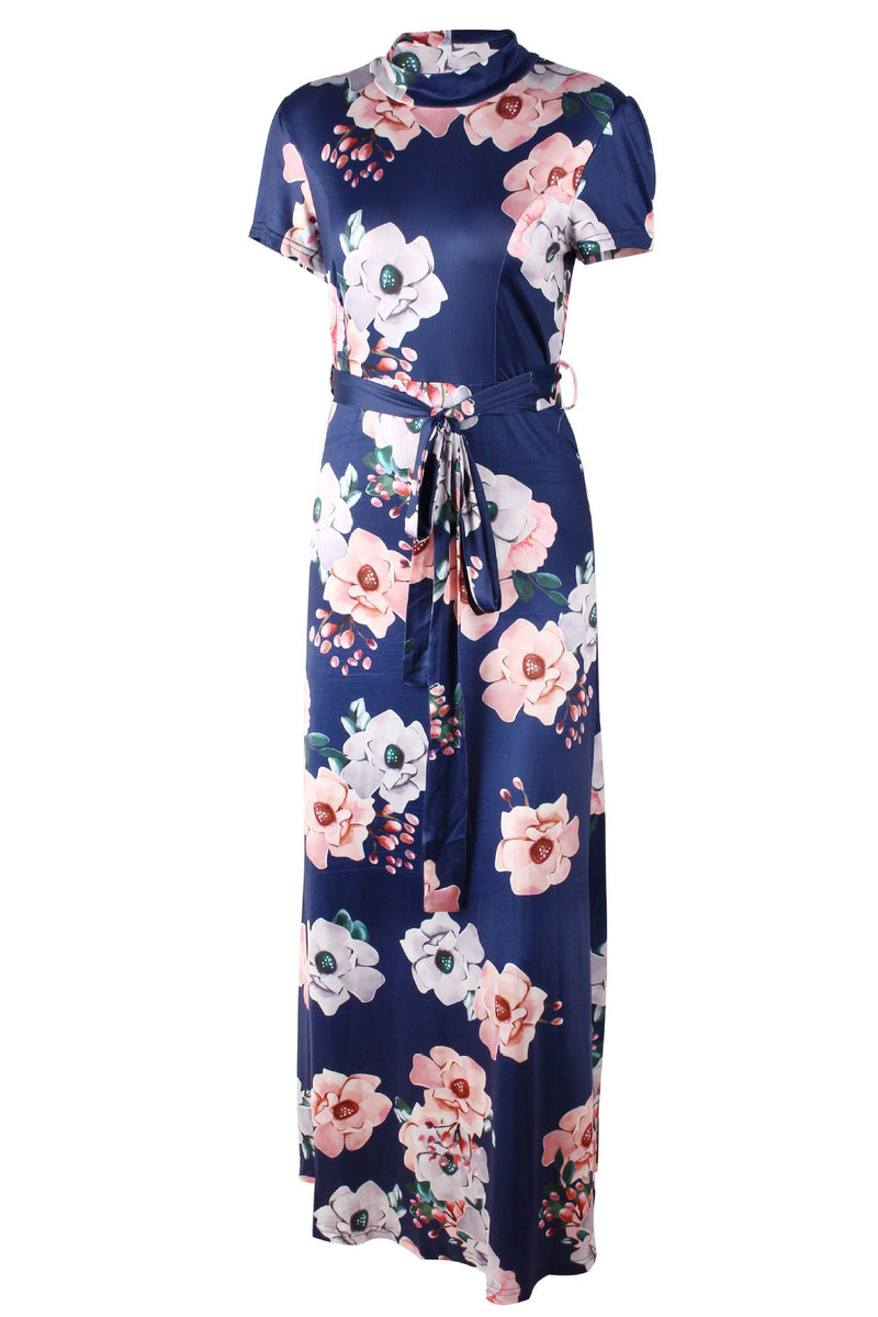 Robe Maxi à Col Rond et Manches Courtes Imprimé Floral avec Ceinture