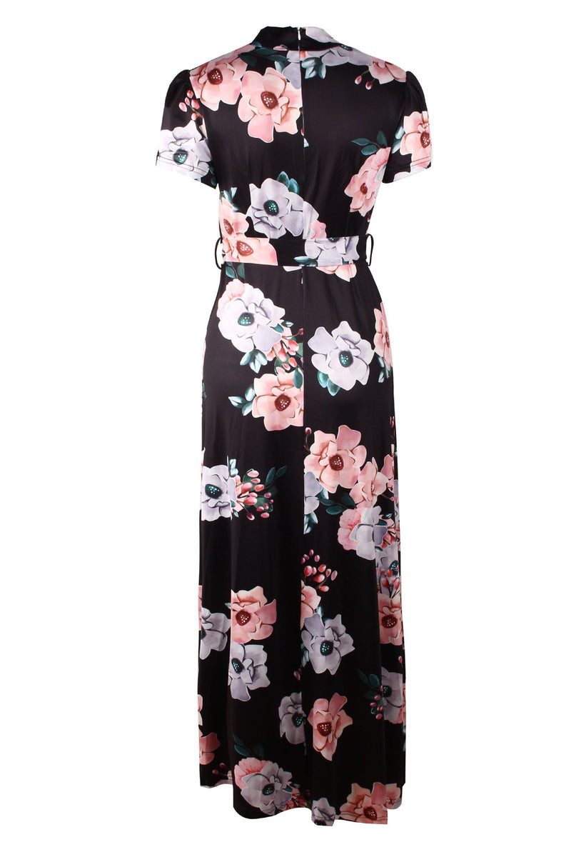 Robe Maxi à Col Rond et Manches Courtes Imprimé Floral avec Ceinture