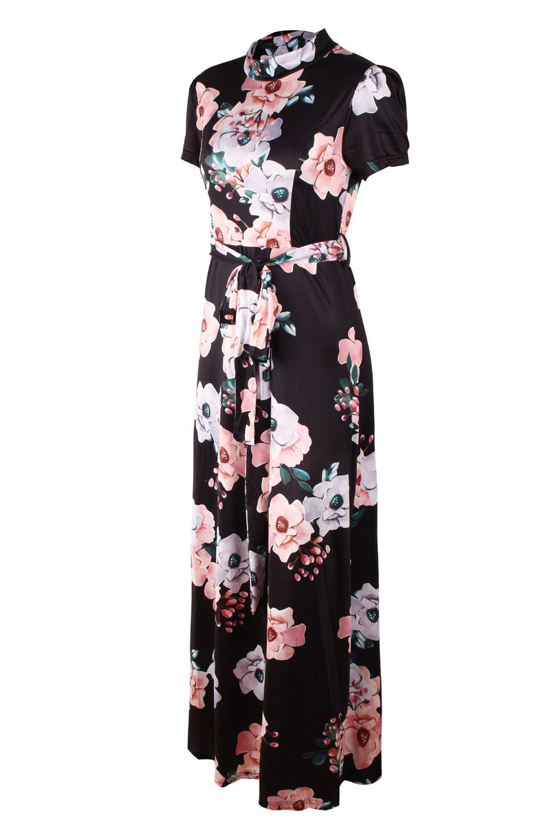 Robe Maxi à Col Rond et Manches Courtes Imprimé Floral avec Ceinture