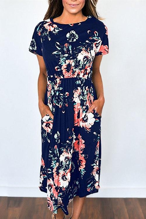 Robe à Imprimé Floral Col Rond