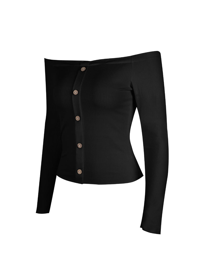 Chemise Slim Noir avec Boutons Epaules Dénudées - CA Mode