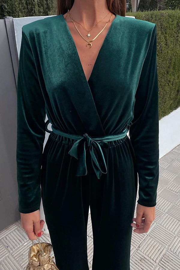 Endless Cheer Belt Velvet Wide Leg Jumpsuit