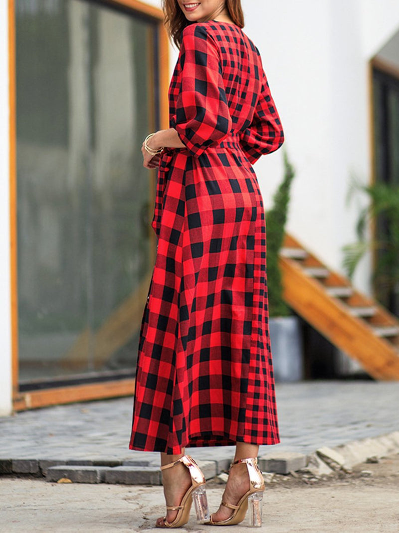 Robe Longue à 3/4 Manches et Col en V Motif Plaid