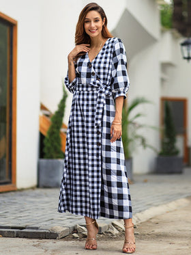 Robe Longue à 3/4 Manches et Col en V Motif Plaid