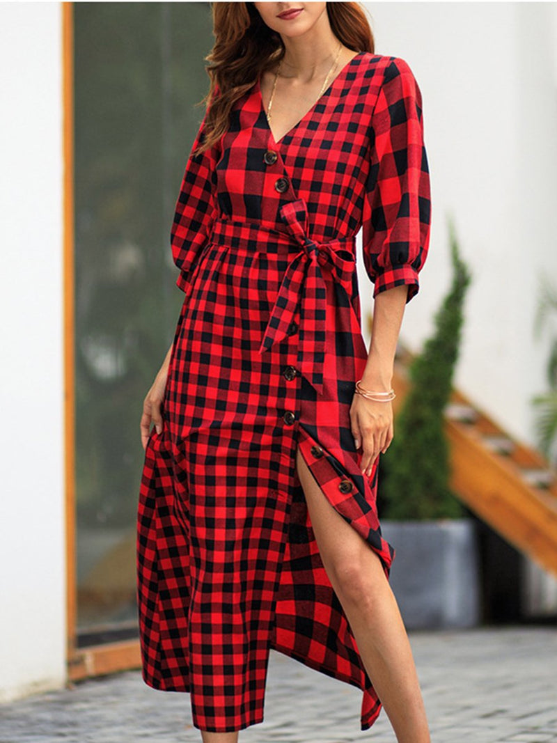 Robe Longue à 3/4 Manches et Col en V Motif Plaid