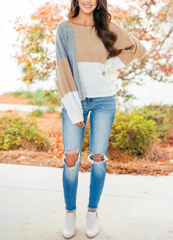 Pull en Patchwork Manches Longues Nouer Dos