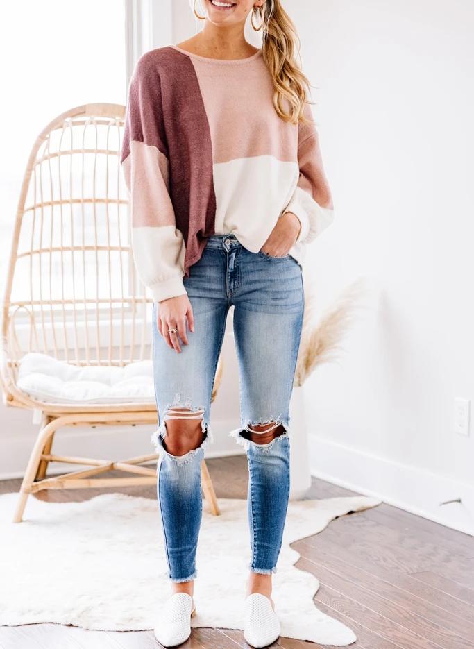 Pull en Patchwork Manches Longues Nouer Dos