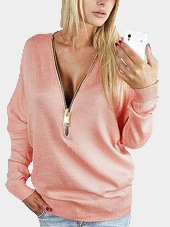 Zip Front Design V-neck Long Sleeves T-shirt