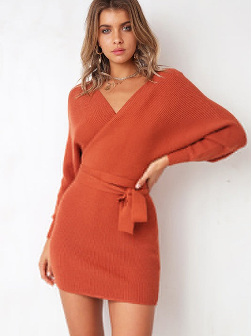 Robe Orange en Tricot à Manches Longues avec Ceinture