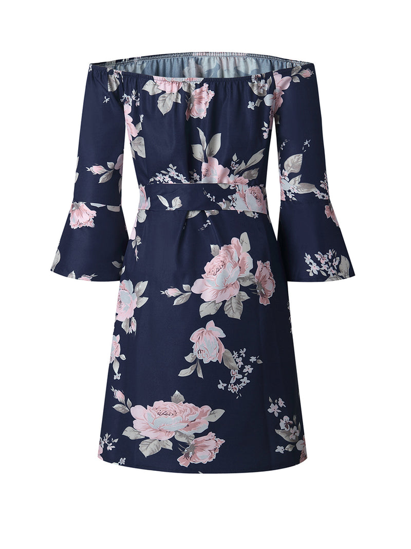 Robe Florale à Manches Longues et à Taille Haute