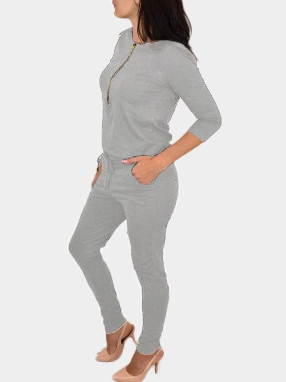 Zipper 3-4 Length Sleeves Drawstring Waist Jumpsuit