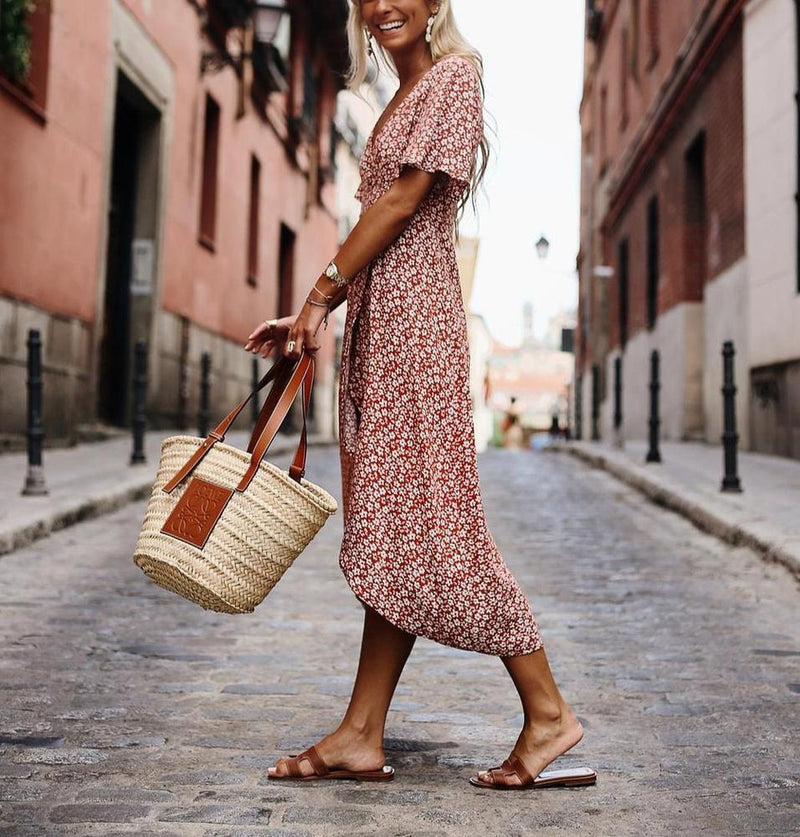 Robe de Vacances Coupe Ajustée Rouge Chic Col V Imprimé