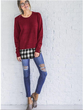 Sweat à Plaid Manches Longues Rouge