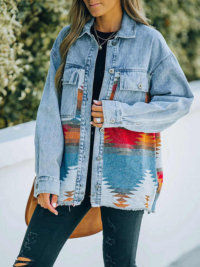 Veste-chemise en Jean Manches Longues et Bouton avec Poche Avant