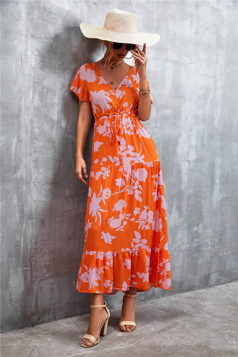 Robe Maxi Longue Col en V et Manches Courtes