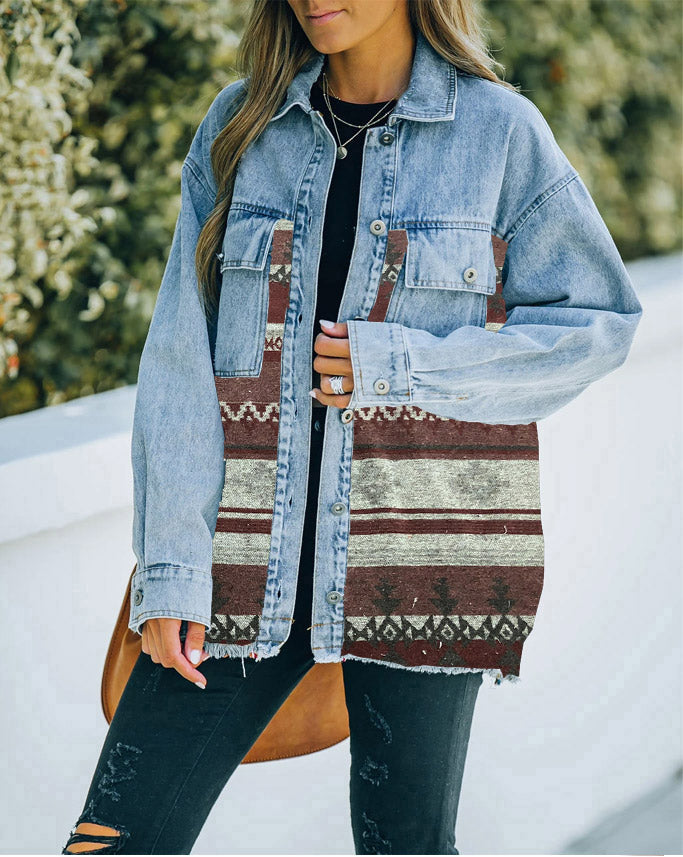 Veste-chemise en Jean Manches Longues et Bouton avec Poche Avant