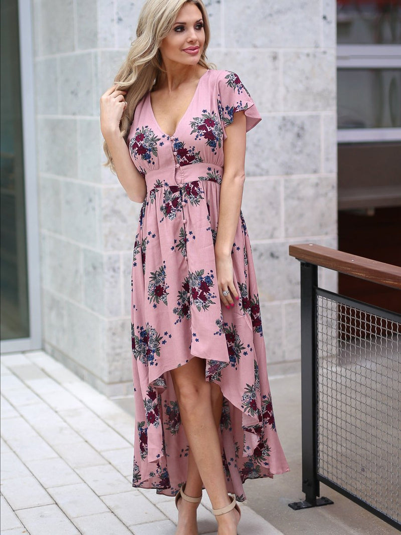 Maxi Robe Irrégulière à Imprimé Floral Col en V - CA Mode