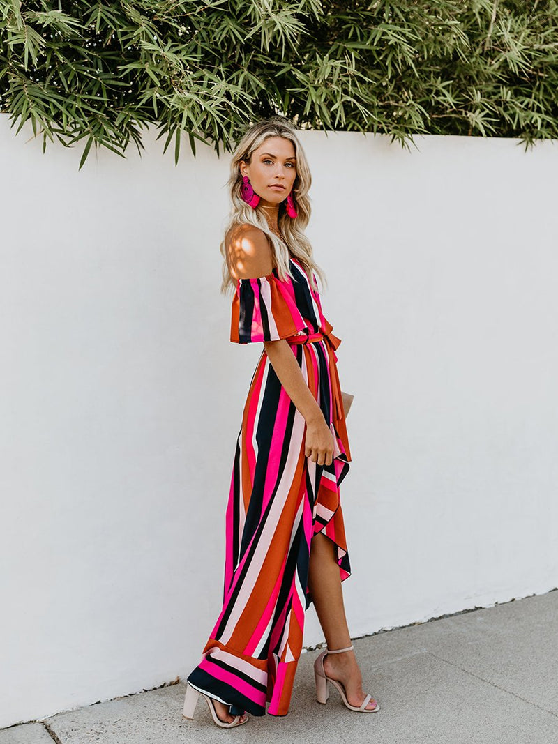 Maxi Robe à Rayures Asymétriques pour Vacance