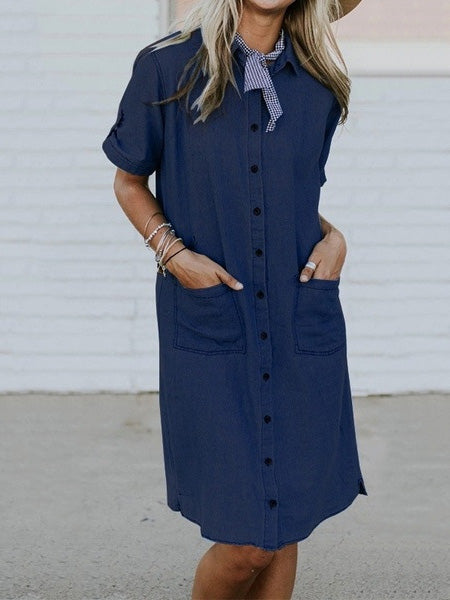 Robe Chemise en Denim avec Poche Boutonnée Revers