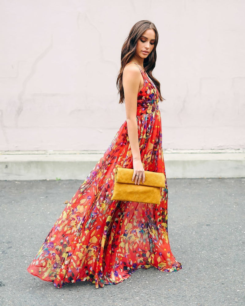 Robe Longue à Imprimé Floral Rouge