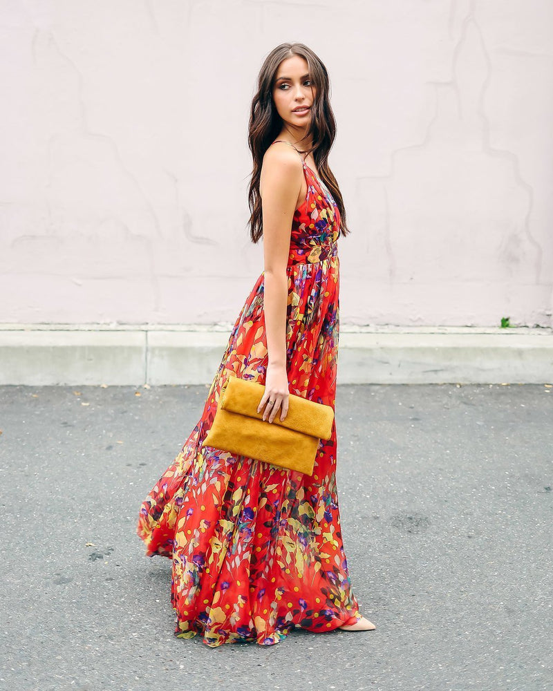 Robe Longue à Imprimé Floral Rouge