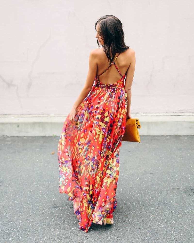 Robe Longue à Imprimé Floral Rouge