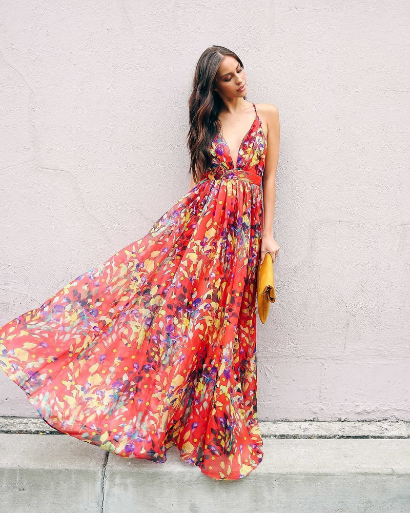 Robe Longue à Imprimé Floral Rouge