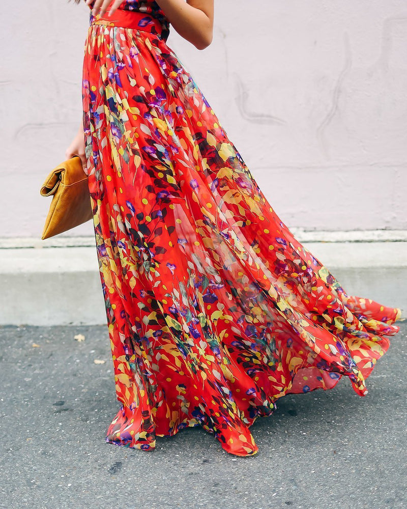 Robe Longue à Imprimé Floral Rouge