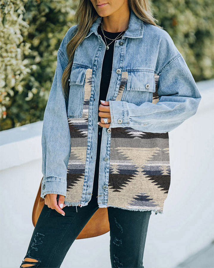 Veste-chemise en Jean Manches Longues et Bouton avec Poche Avant