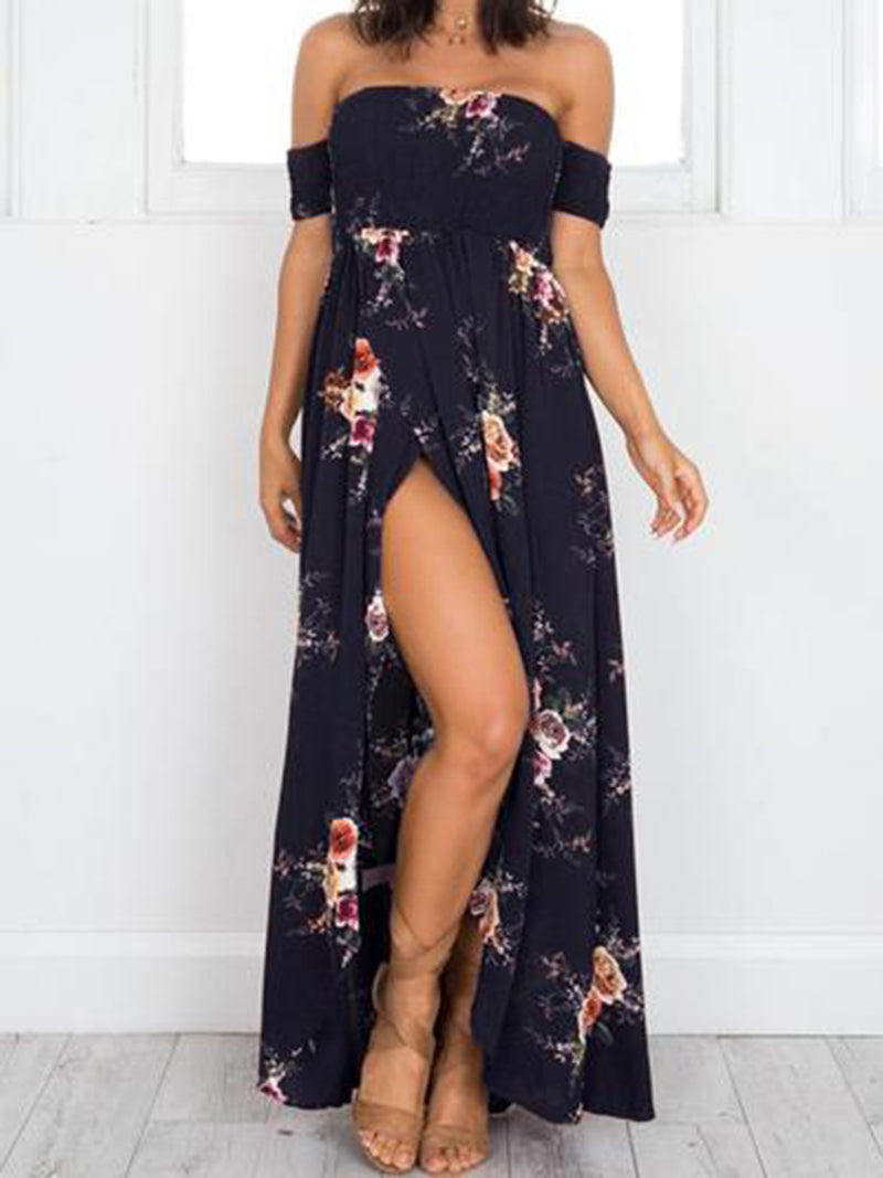 Maxi Robe à Epaules Dénudées et Manches Courtes