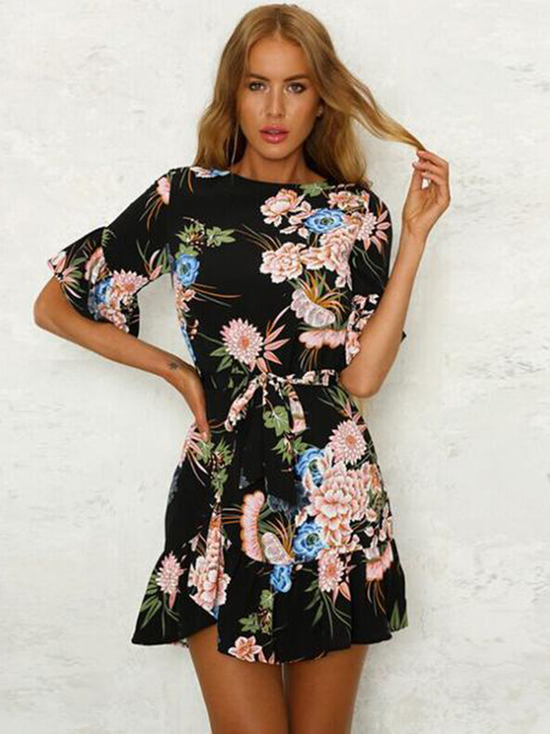 Robe à Imprimé Floral et Manches Courtes Verte