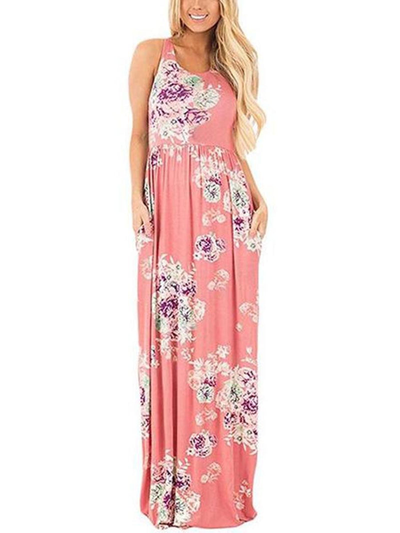 Maxi Robe sans Manches à Imprimé Floral Rose