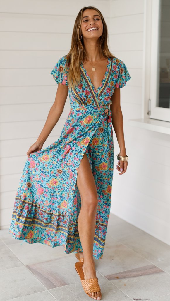 Robe Maxi Floral à Manches Courtes et Col en V