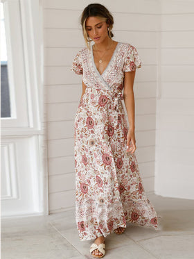 Robe Maxi Floral à Manches Courtes et Col en V