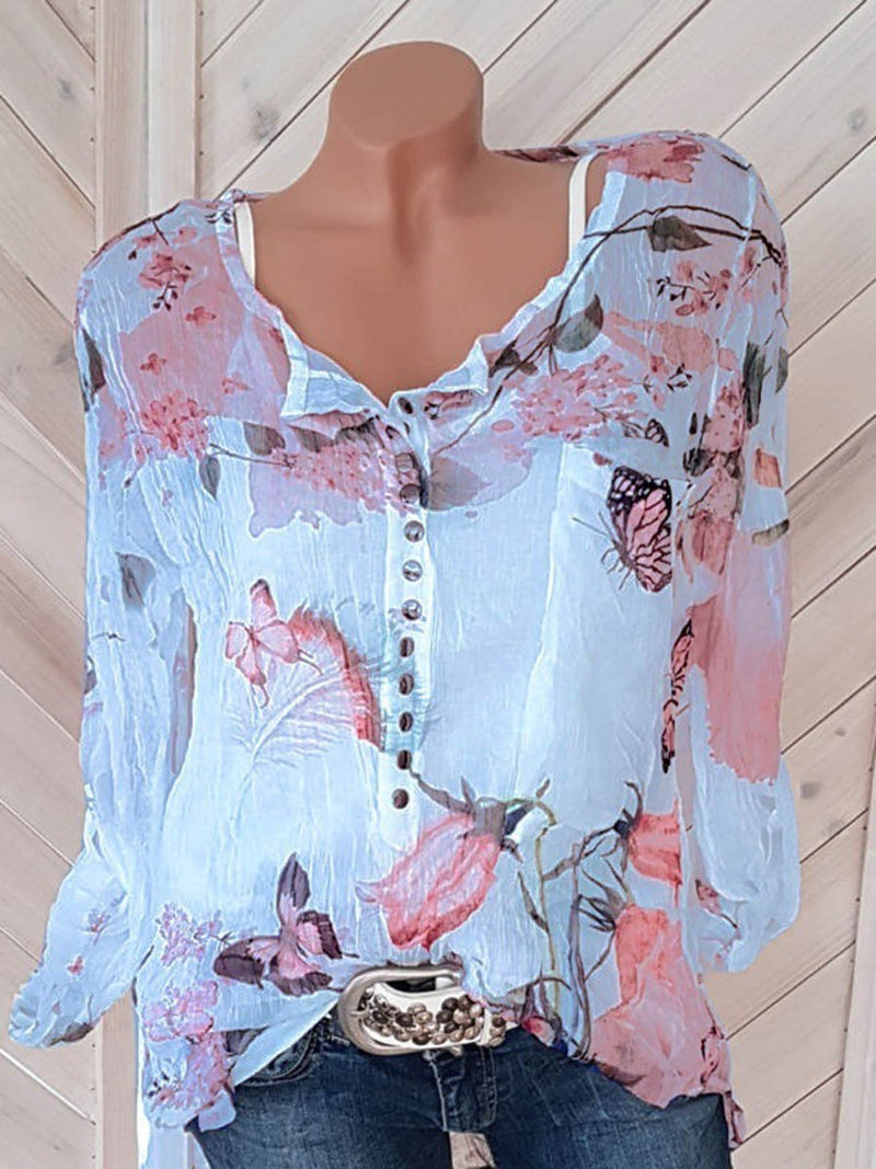 Blouse Floral Col Boutonné en V avec Manches Longues - CA Mode