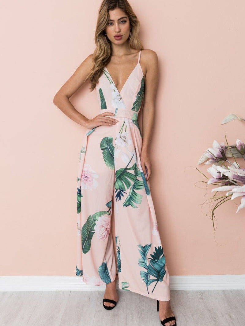 Jumpsuit Imprimé Floral Col en V Ample à Bretelles en Rayures à Dos Nu