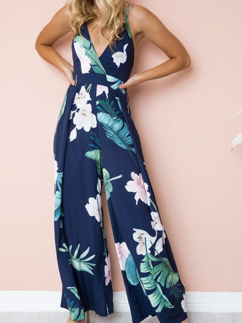 Jumpsuit Imprimé Floral Col en V Ample à Bretelles en Rayures à Dos Nu