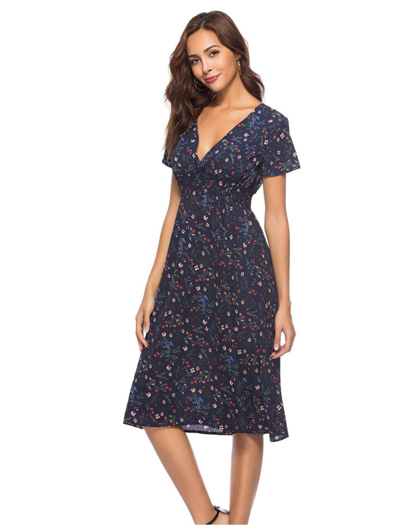 Robe Midi à Floral en Col V et Manches Courtes