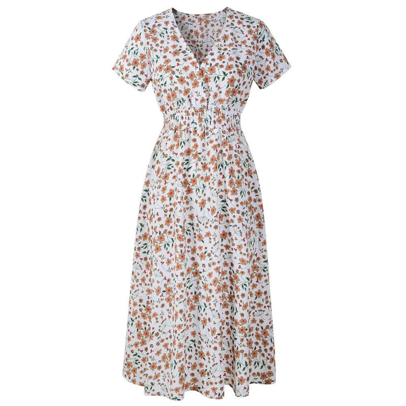 Robe Midi à Floral en Col V et Manches Courtes