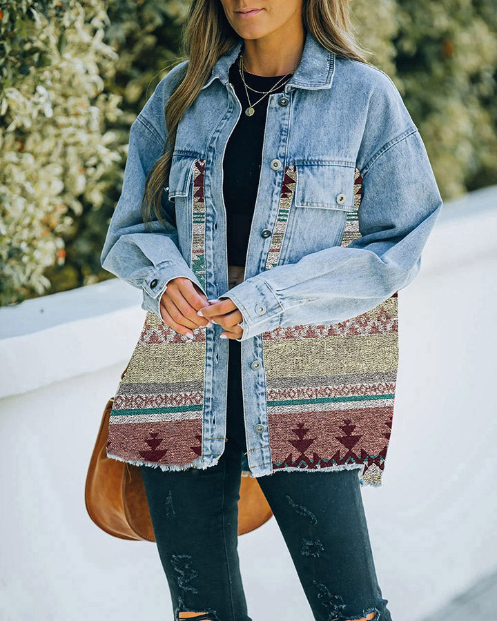 Veste-chemise en Jean Manches Longues et Bouton avec Poche Avant