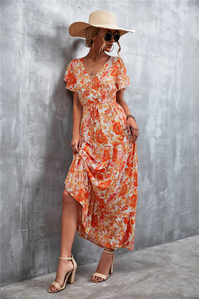 Robe Maxi Longue Col en V et Manches Courtes