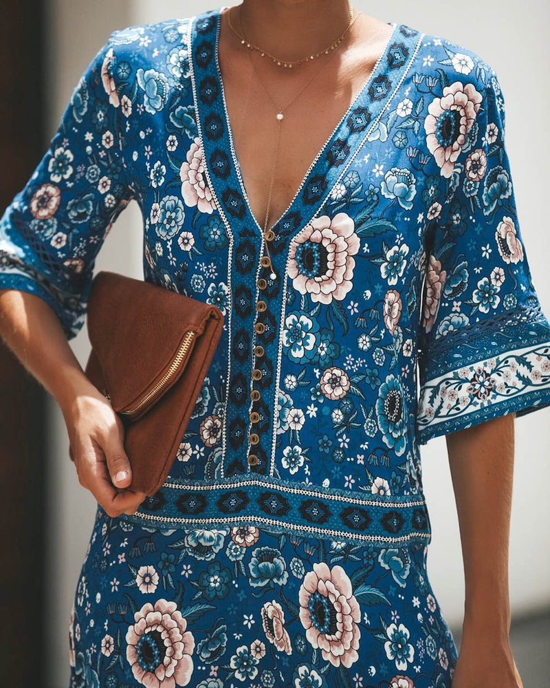 Robe Longue à Manches Courtes et Imprimé Floral Boho