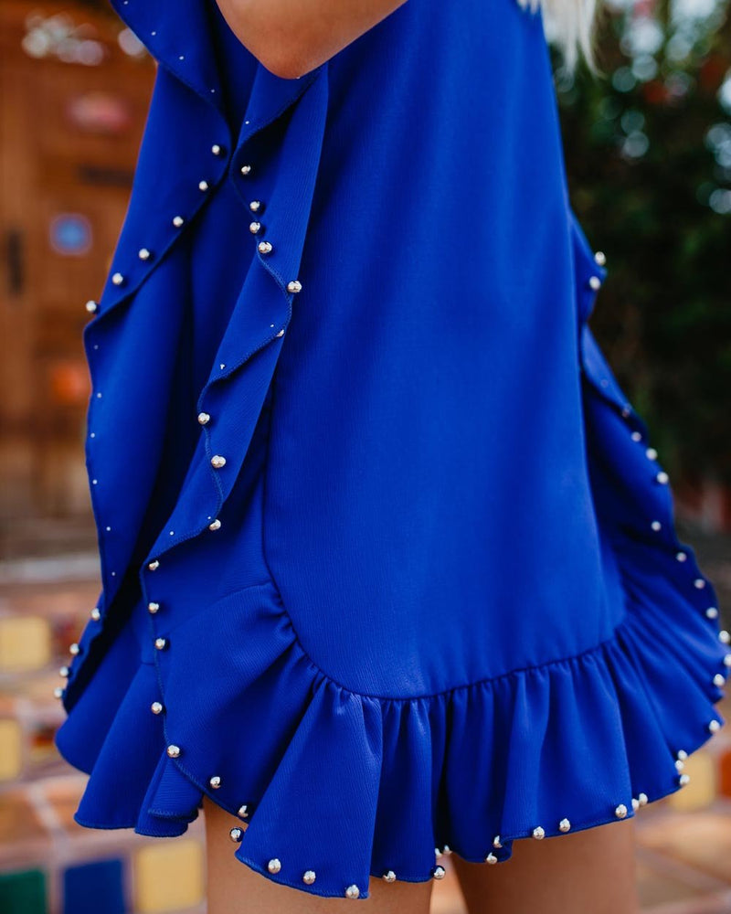 Mini-robe à Volants sans Manches Bleue