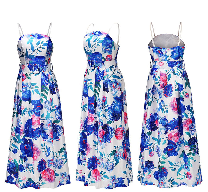 Robe Maxi Longue Floral Sans Manches à Bretelles Spaghetti Bleu